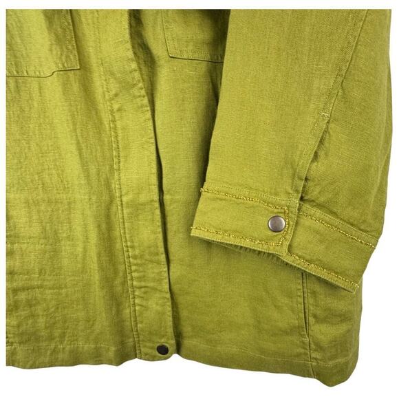 Chico's Jacket Womens 16/18 Olive Green 100% Linen Beaded Zip Front Snap Collar - Picture 9 of 10